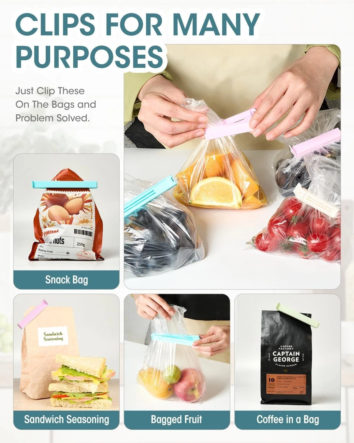 Mixed size kitchen clips for sealing different food bags