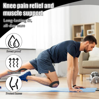 Athlete using KT tape on knee during gym training and exercise