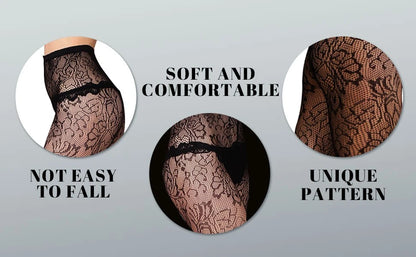 Lace fishnet patterned tights close-up showing detailed fashion design