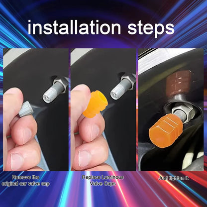 Bright luminous tyre caps showing night glow effect clearly