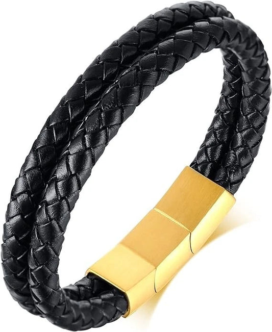 Men’s leather braid bracelet black and gold design