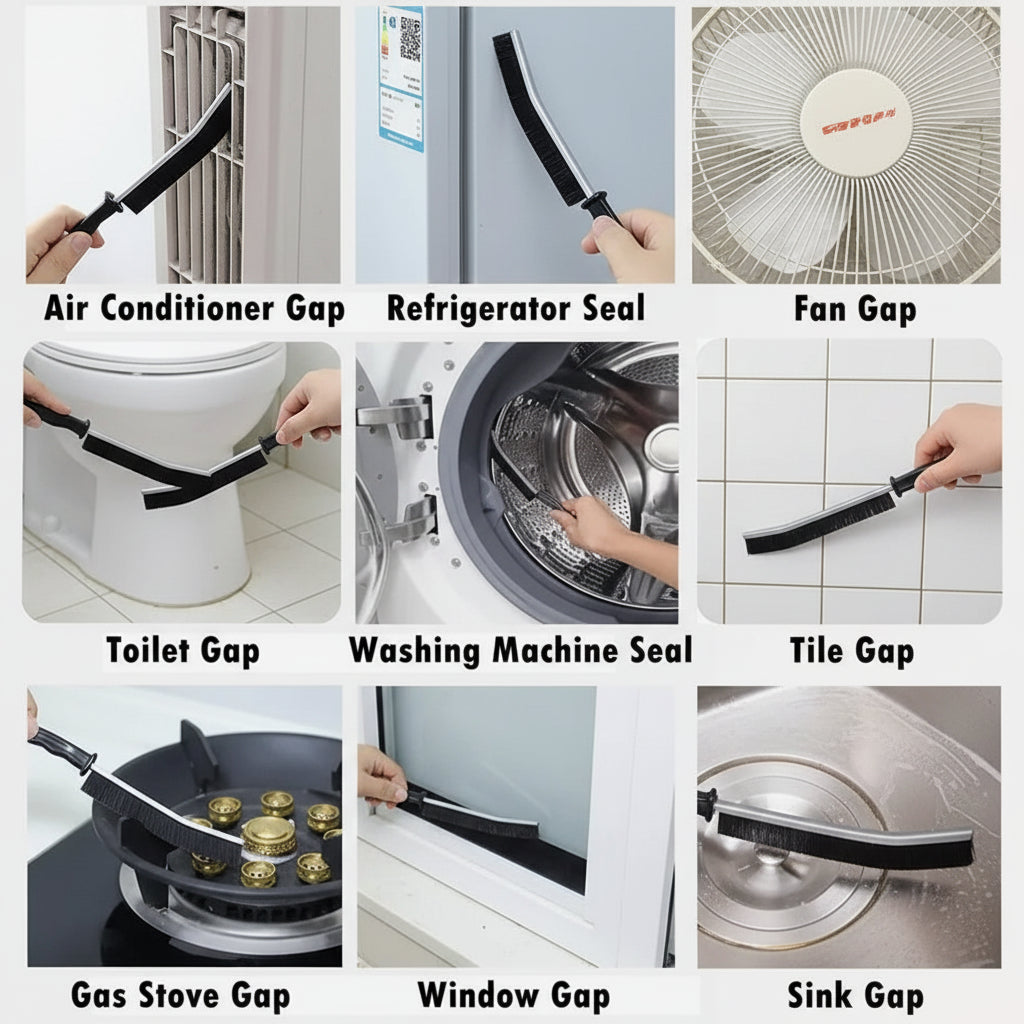 Narrow cleaning tool removing dirt from bathroom crevices