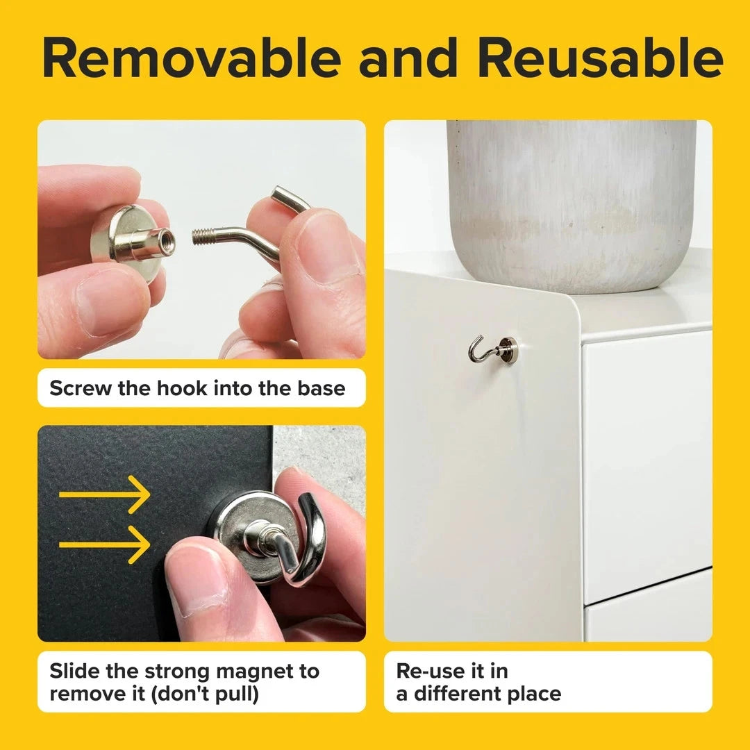 Neodymium magnetic hooks attached to fridge providing strong hold for hanging item