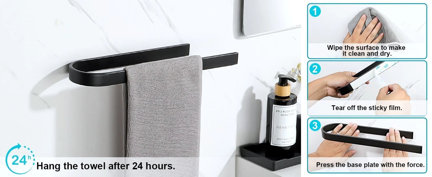 No drill towel holder in bathroom holding clean folded towels