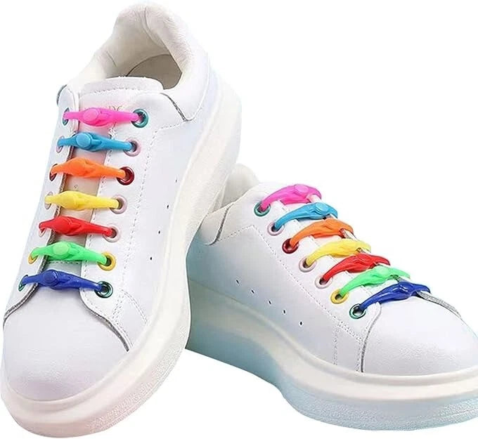 No tie elastic shoelaces for adults and kids used to convert trainers into easy slip-on shoes with secure flexible fit