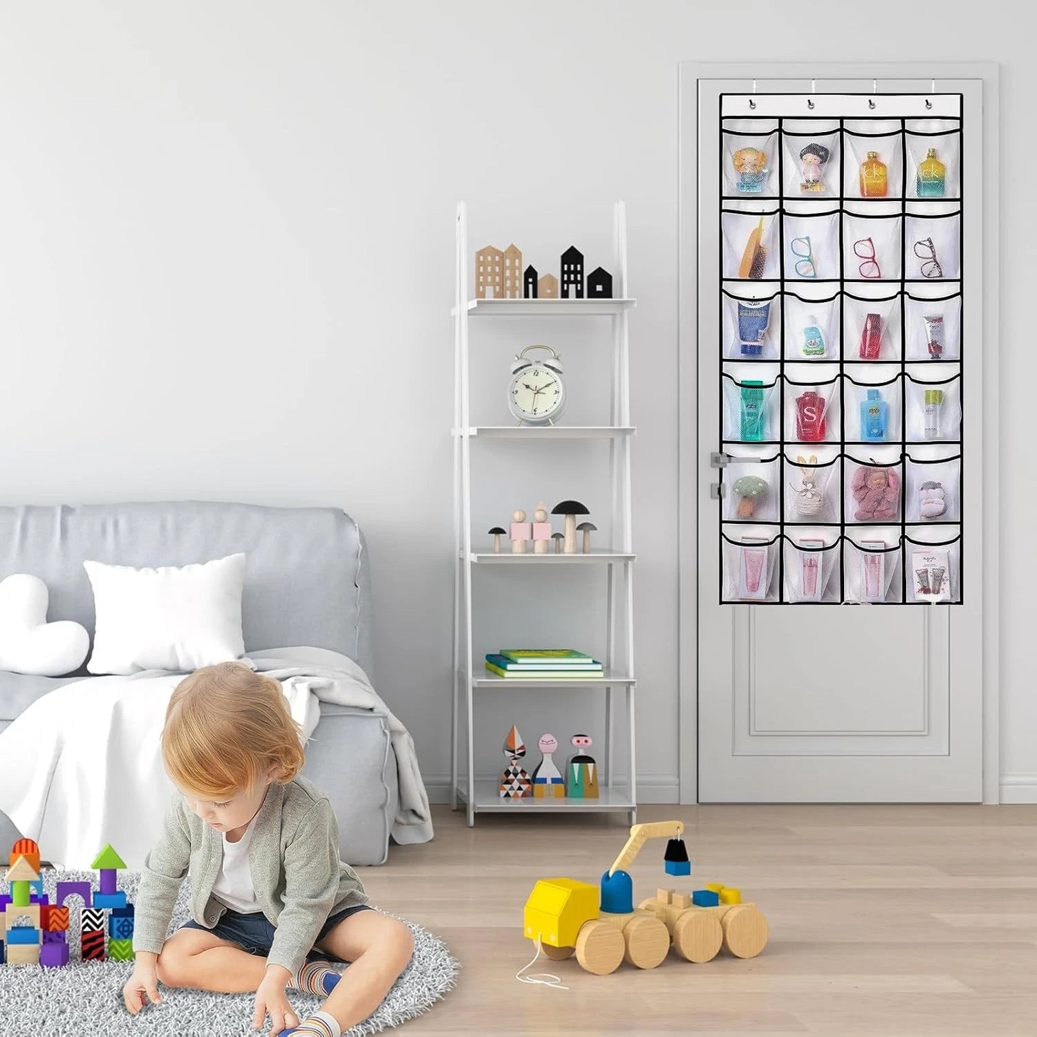 Shoe organizer hanging over bedroom door storing multiple pairs neatly