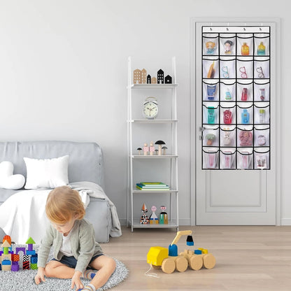 Shoe organizer hanging over bedroom door storing multiple pairs neatly