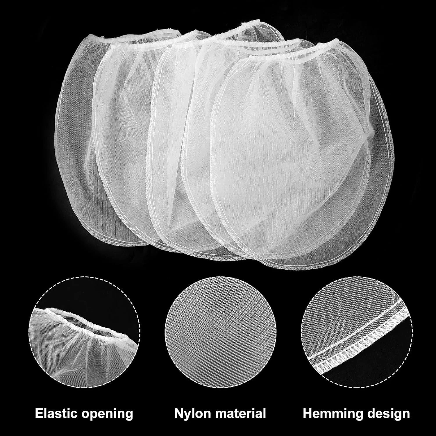Paint strainer bag placed over bucket during filtering process