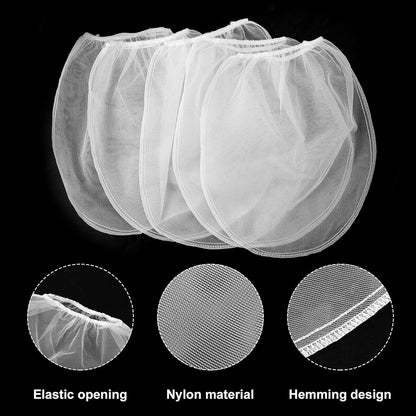 Paint strainer bag placed over bucket during filtering process