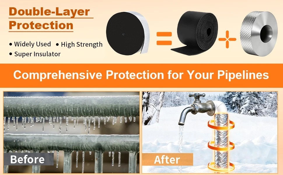 Foam insulation tape wrapped around pipe for heat protection