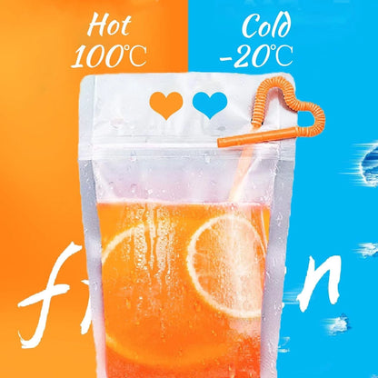 Plastic juice pouch with straw for easy drinking