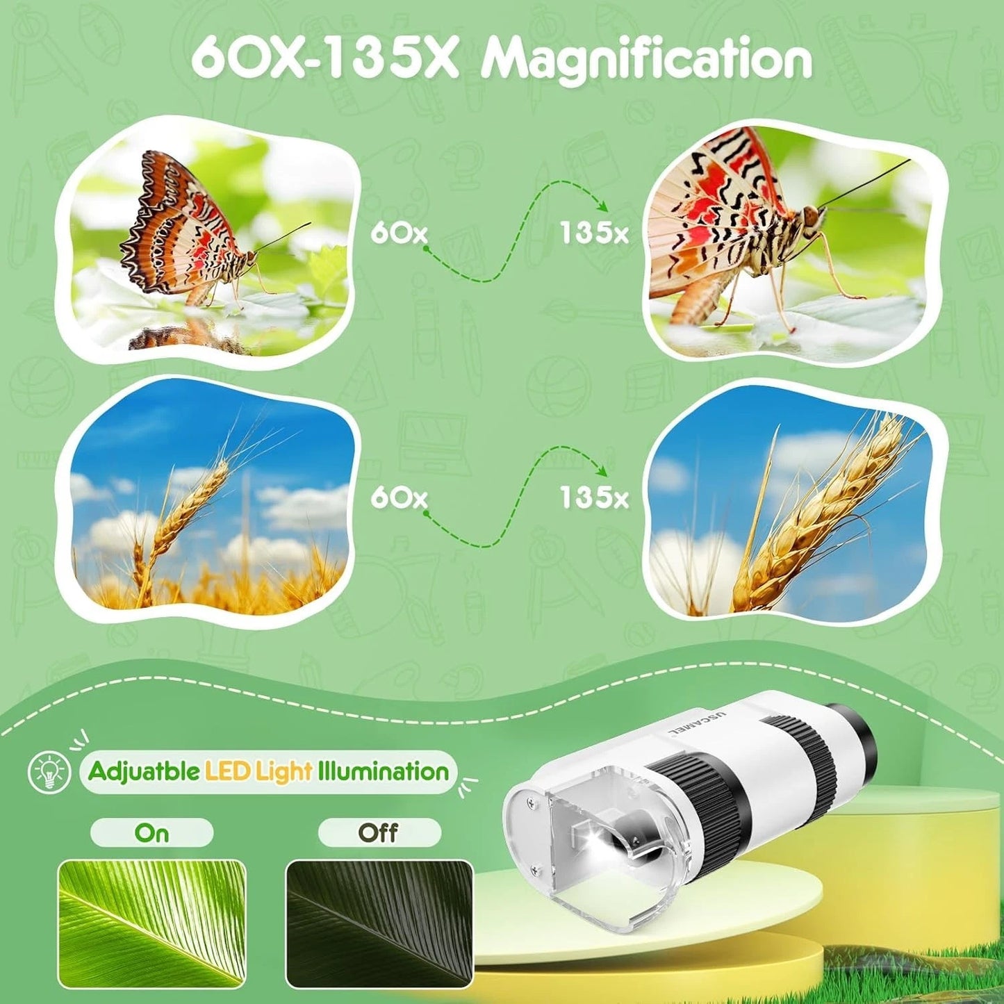 Pocket mini microscope 60x–135x handheld device with LED light for science