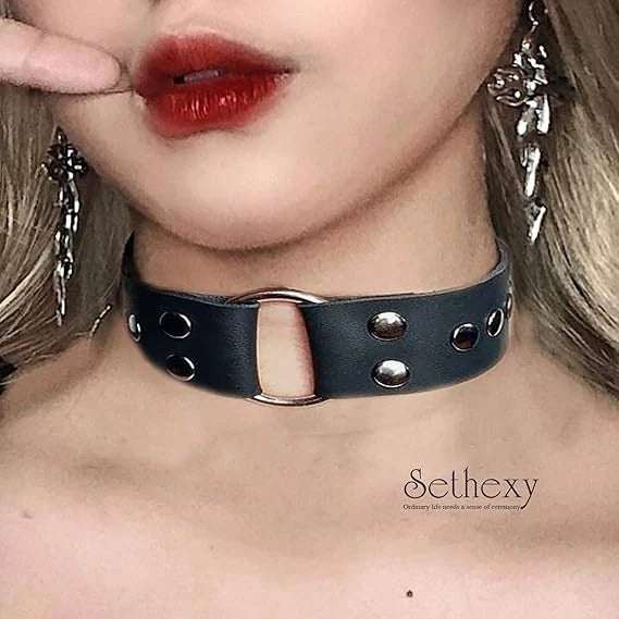Close-up of punk leather necklace showing detailed design