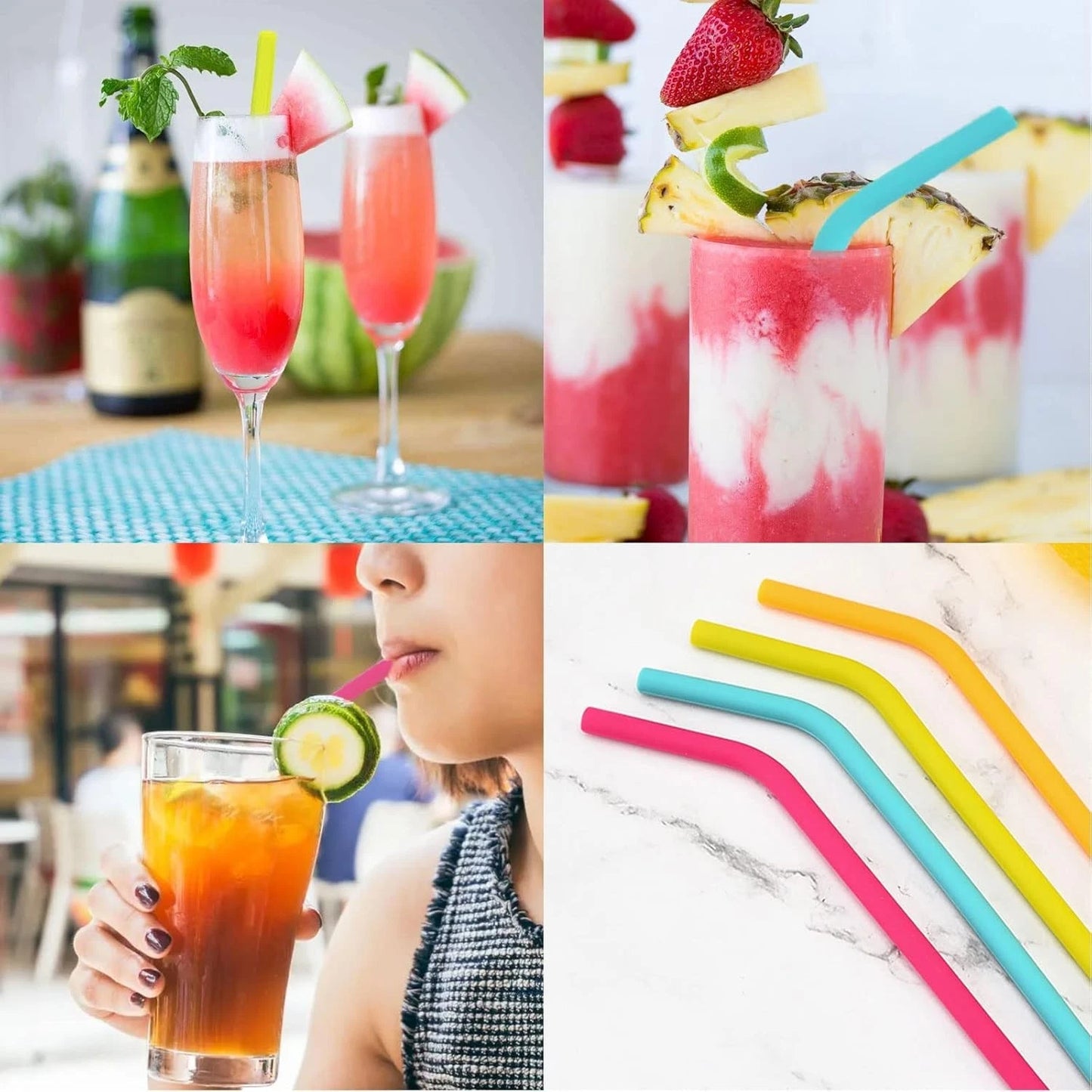 Rainbow silicone straws used in milkshake glass for drinking
