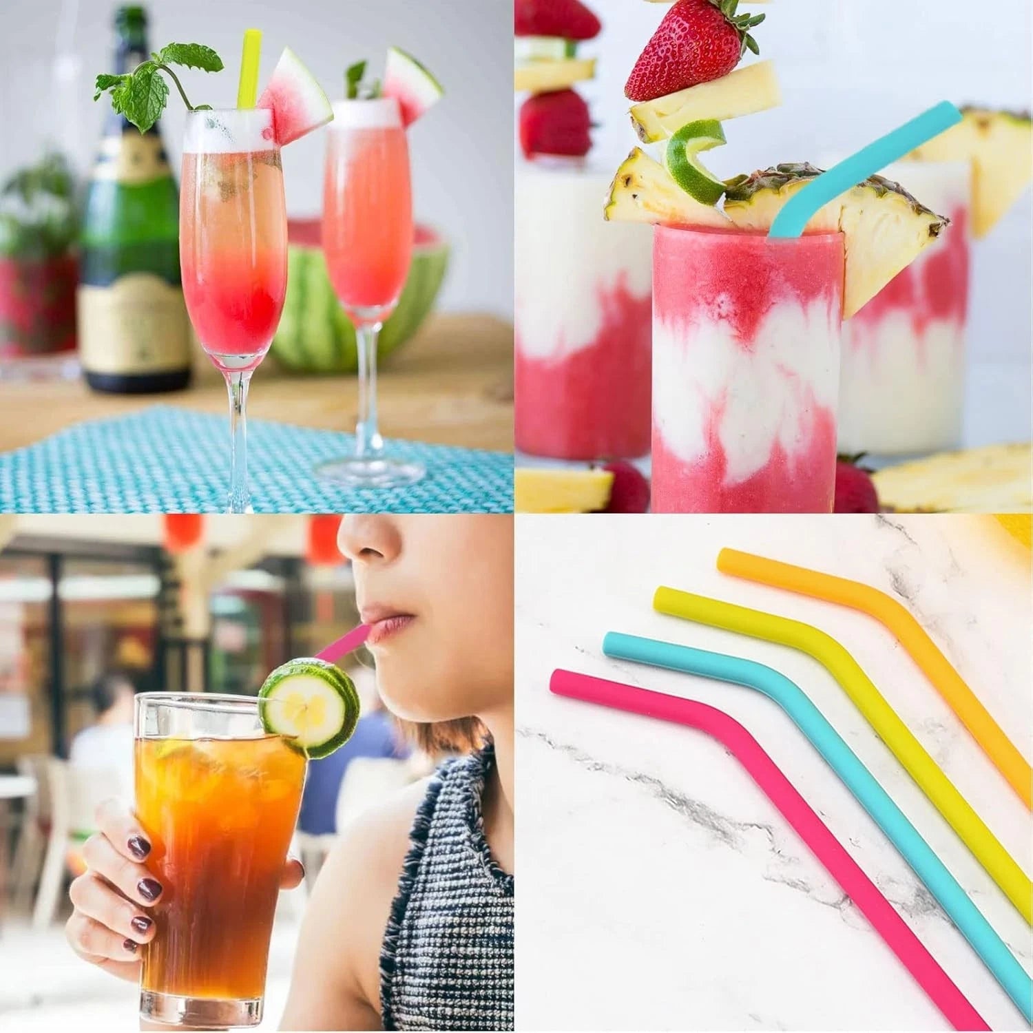 Rainbow silicone straws used in milkshake glass for drinking