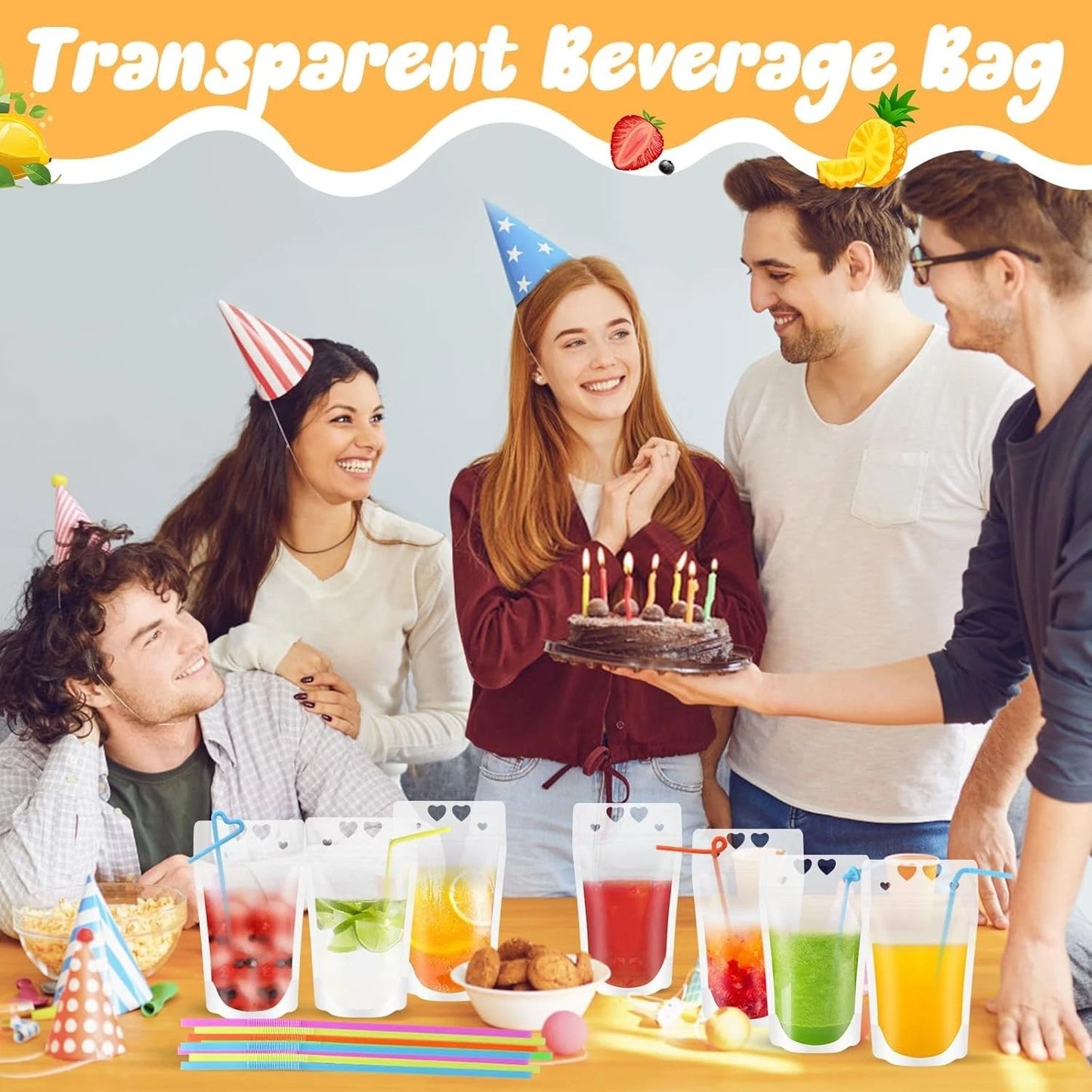 Reusable clear drink pouches for parties and outdoor use
