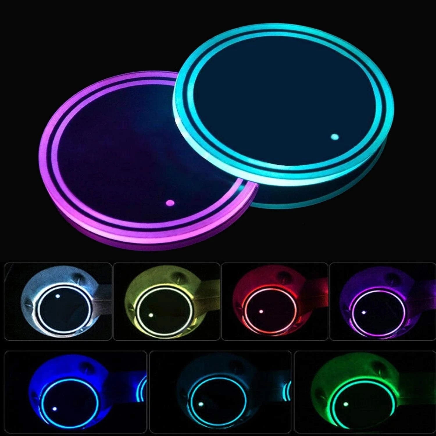 RGB LED car cup holder light glowing inside vehicle at night for ambient interior
