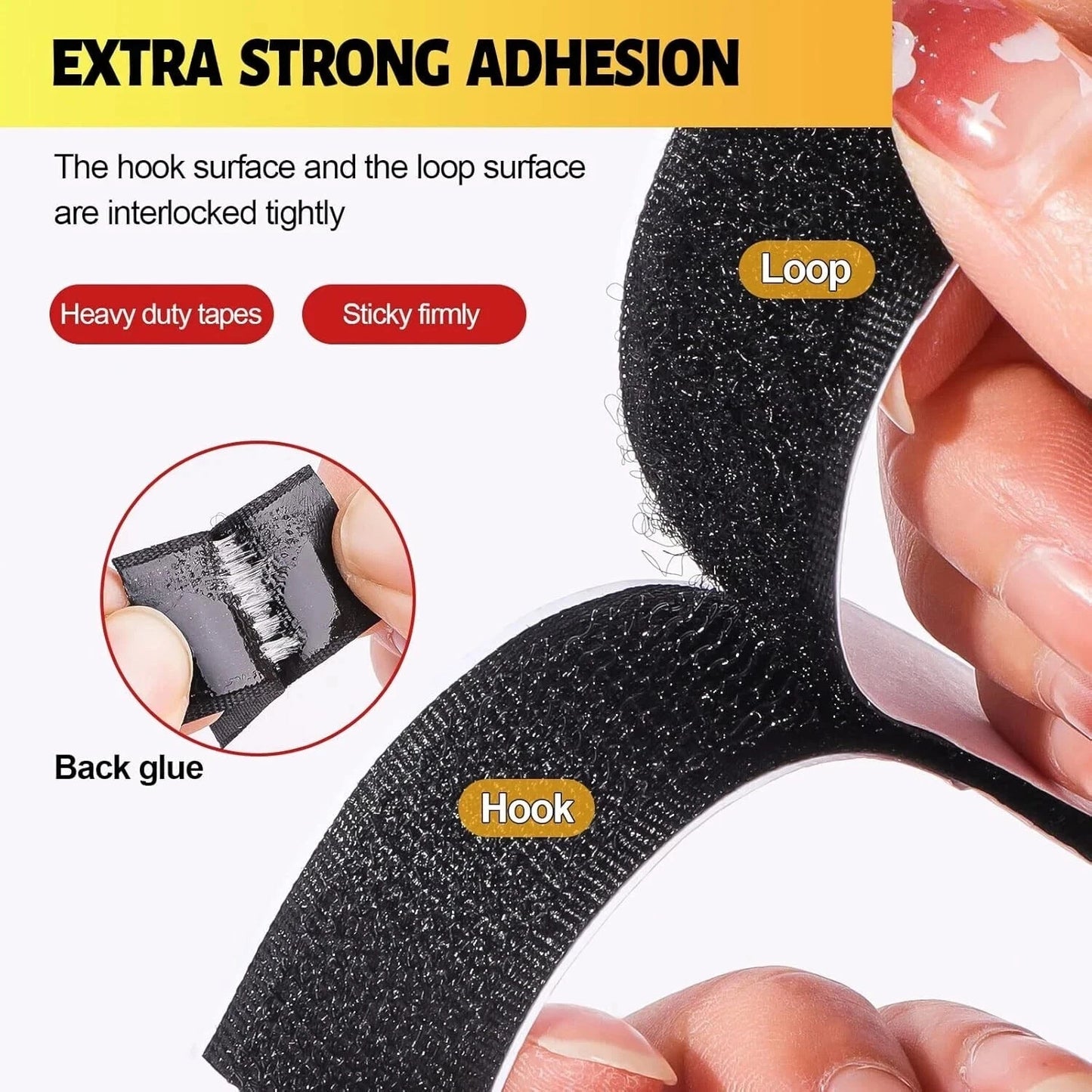 8M Hook & Loop Tape - Self Adhesive Heavy Duty Strips | Strong Sticky Black