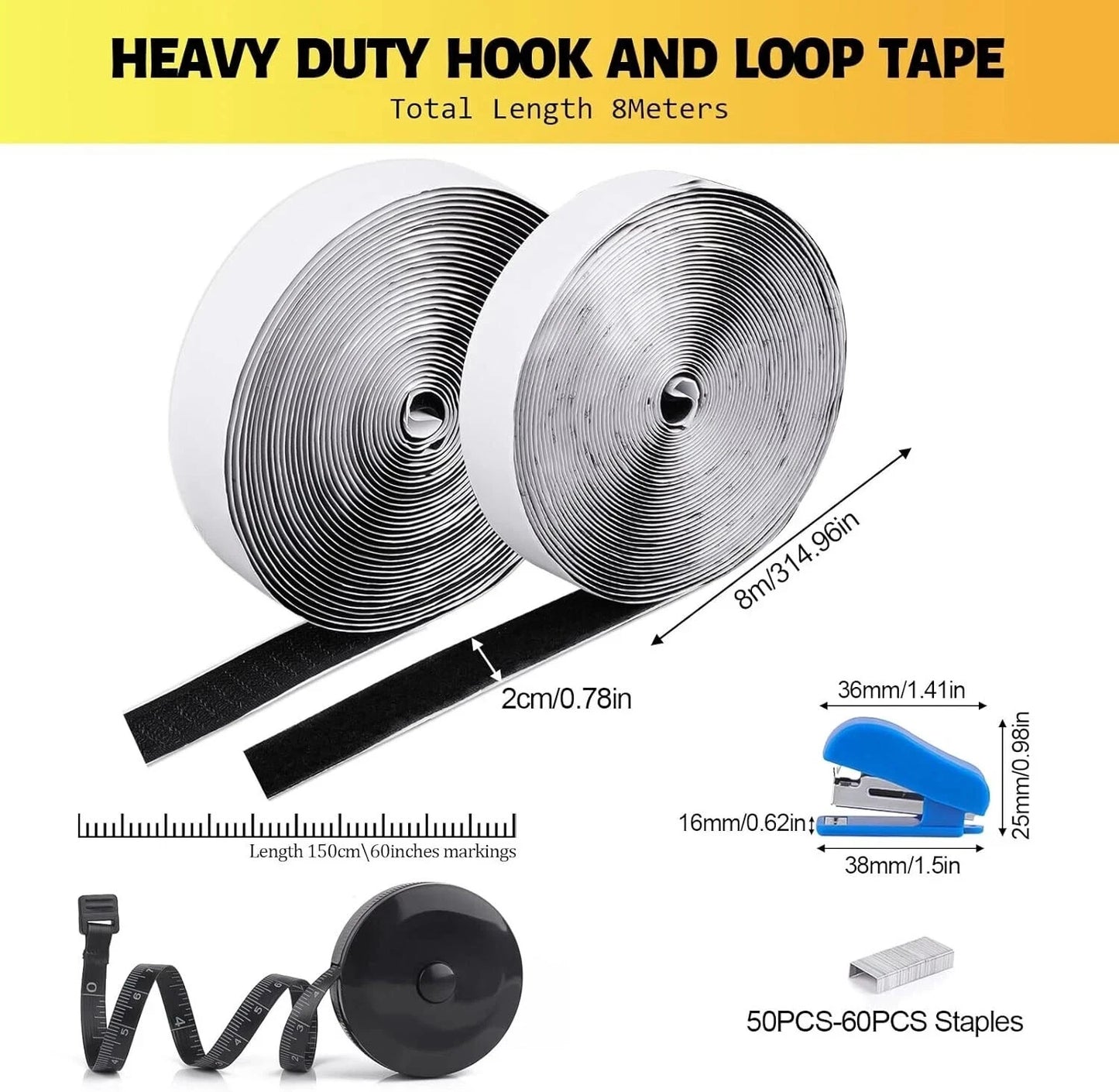 8M Hook & Loop Tape - Self Adhesive Heavy Duty Strips | Strong Sticky Black