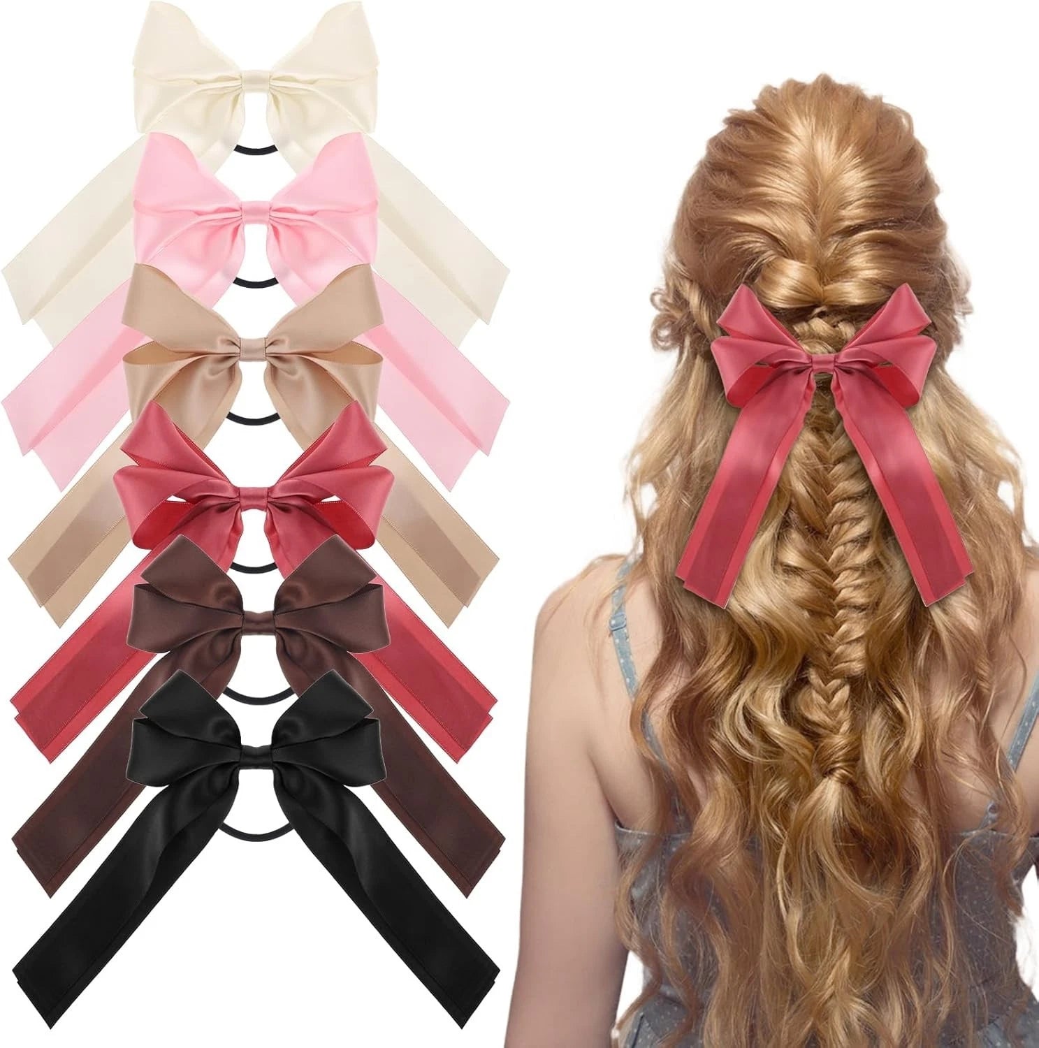 Satin ribbon hair bow elastic tie for women and girls