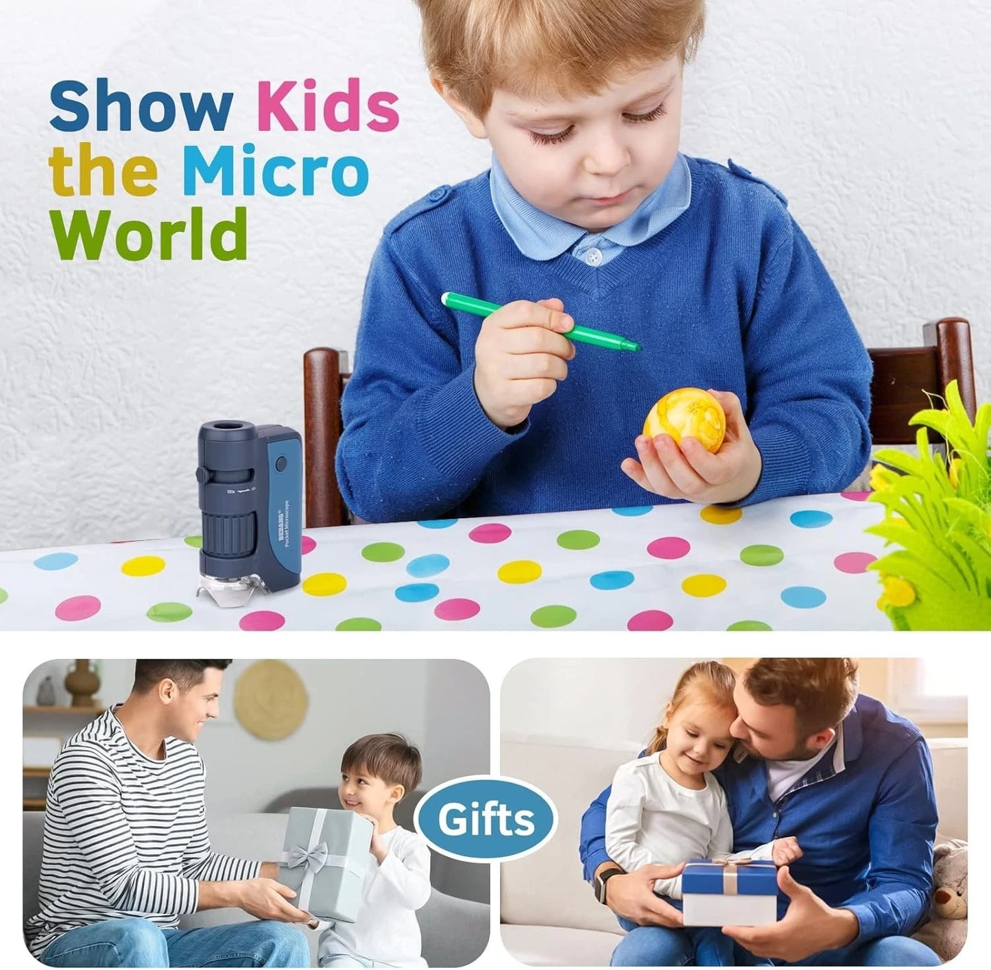 Mini microscope science gift held in hands for learning and exploration