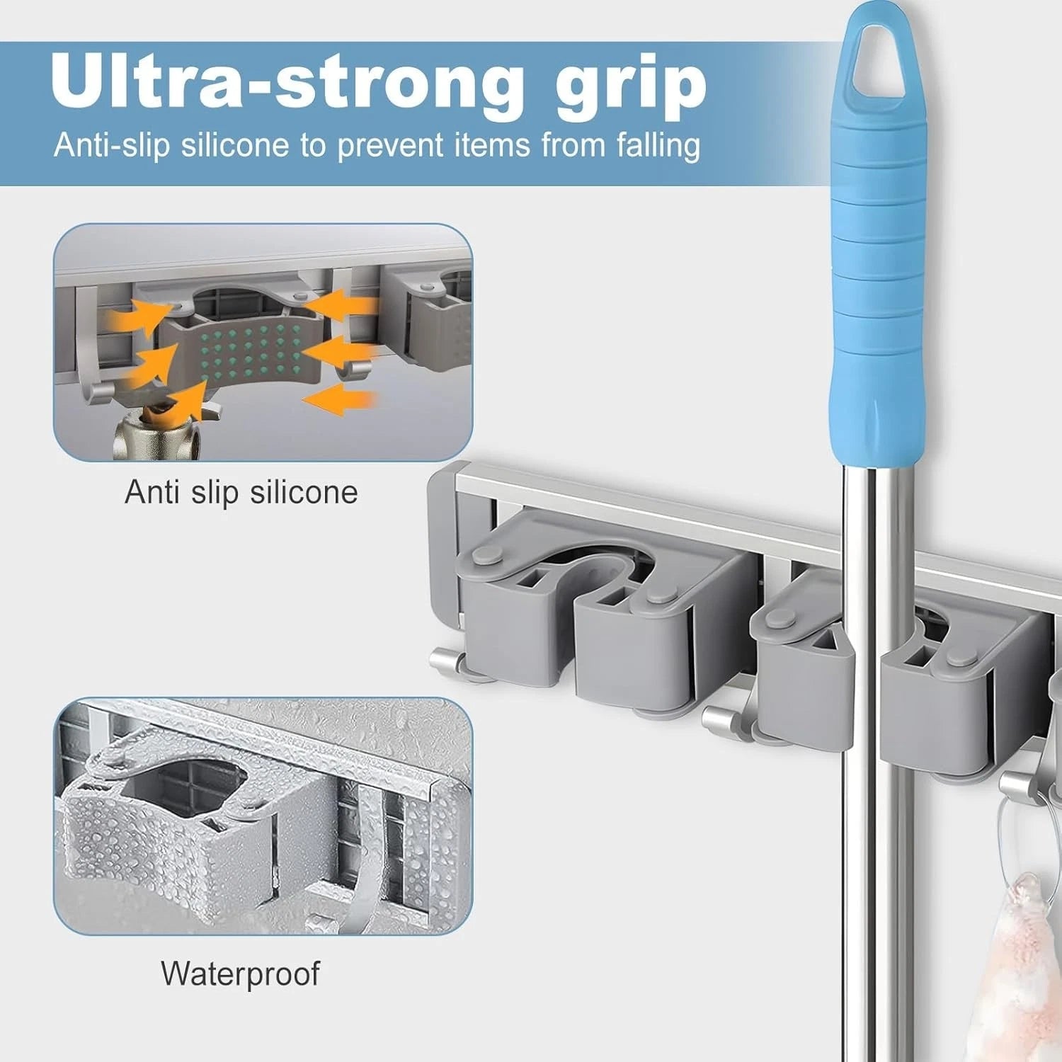 Self grip mop holder installation on wall