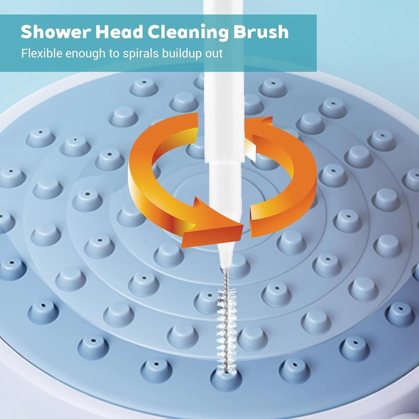 Shower head hole brush removing limescale buildup