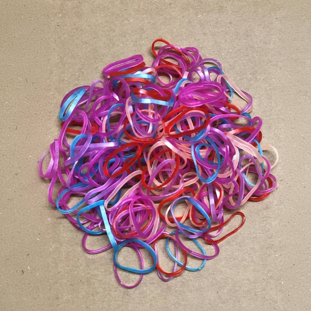 Close up of small hair elastics showing stretch design