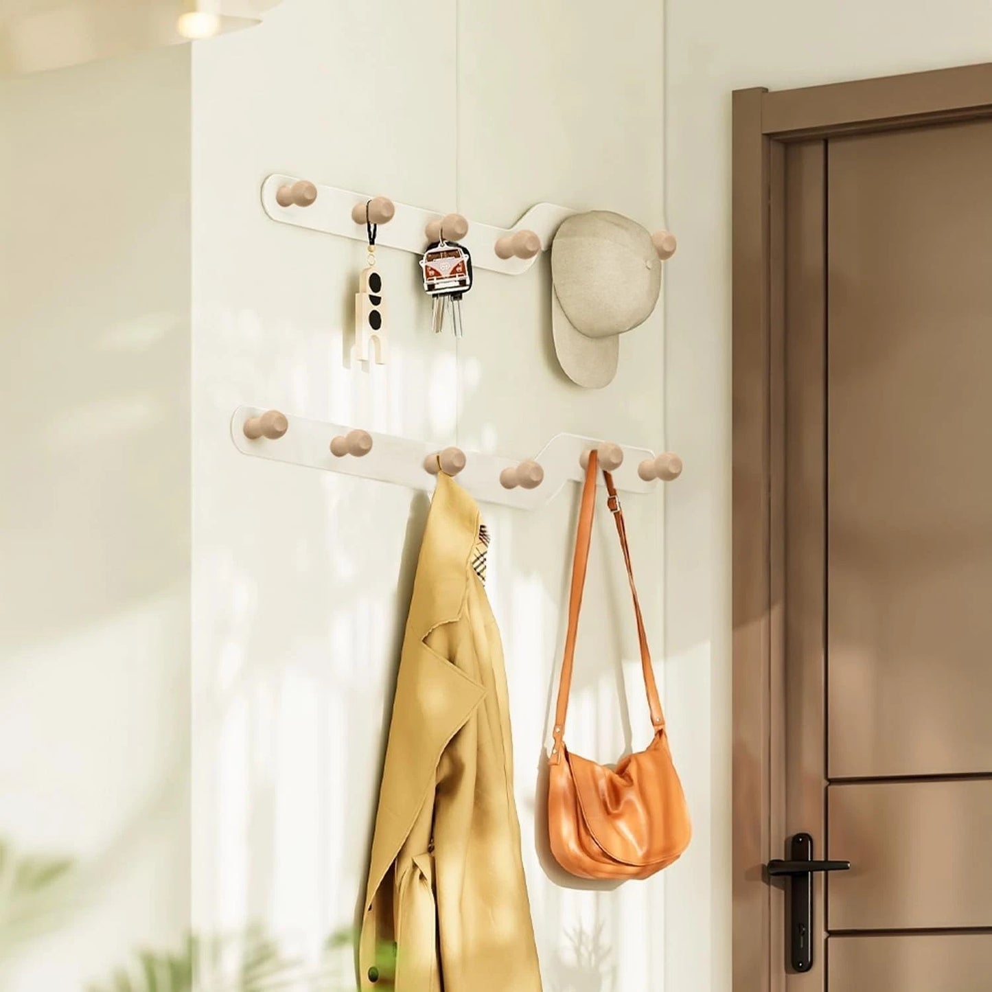 Space saving wall hooks used for home organisation