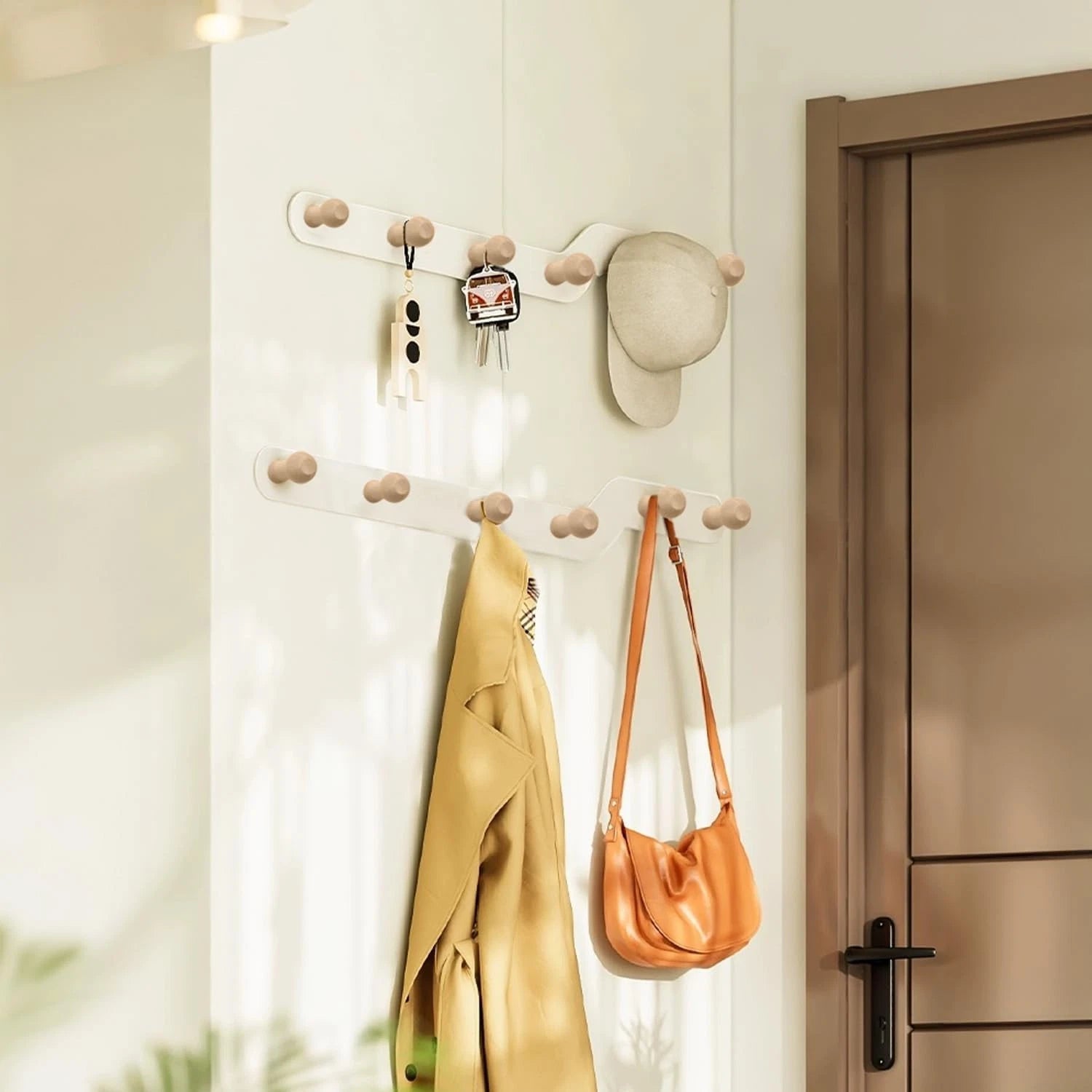 Space saving wall hooks used for home organisation