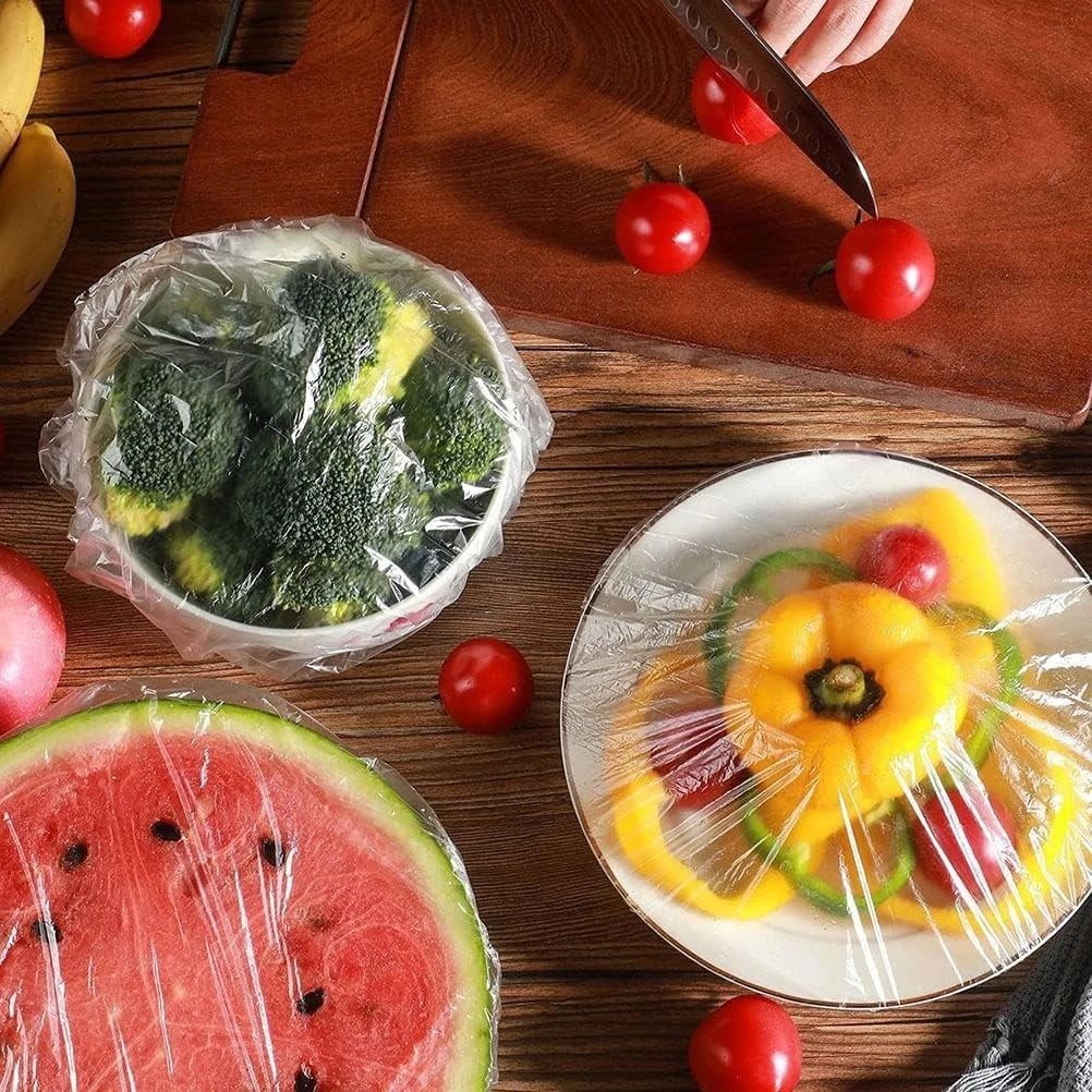 Stretch plastic food covers used for kitchen bowls and containers