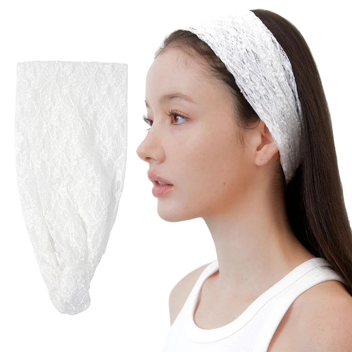Stretchy lace hairband close-up showing soft fabric detail
