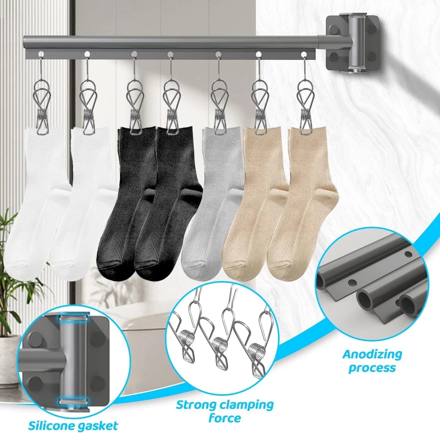 Strong metal laundry rack installed on wall