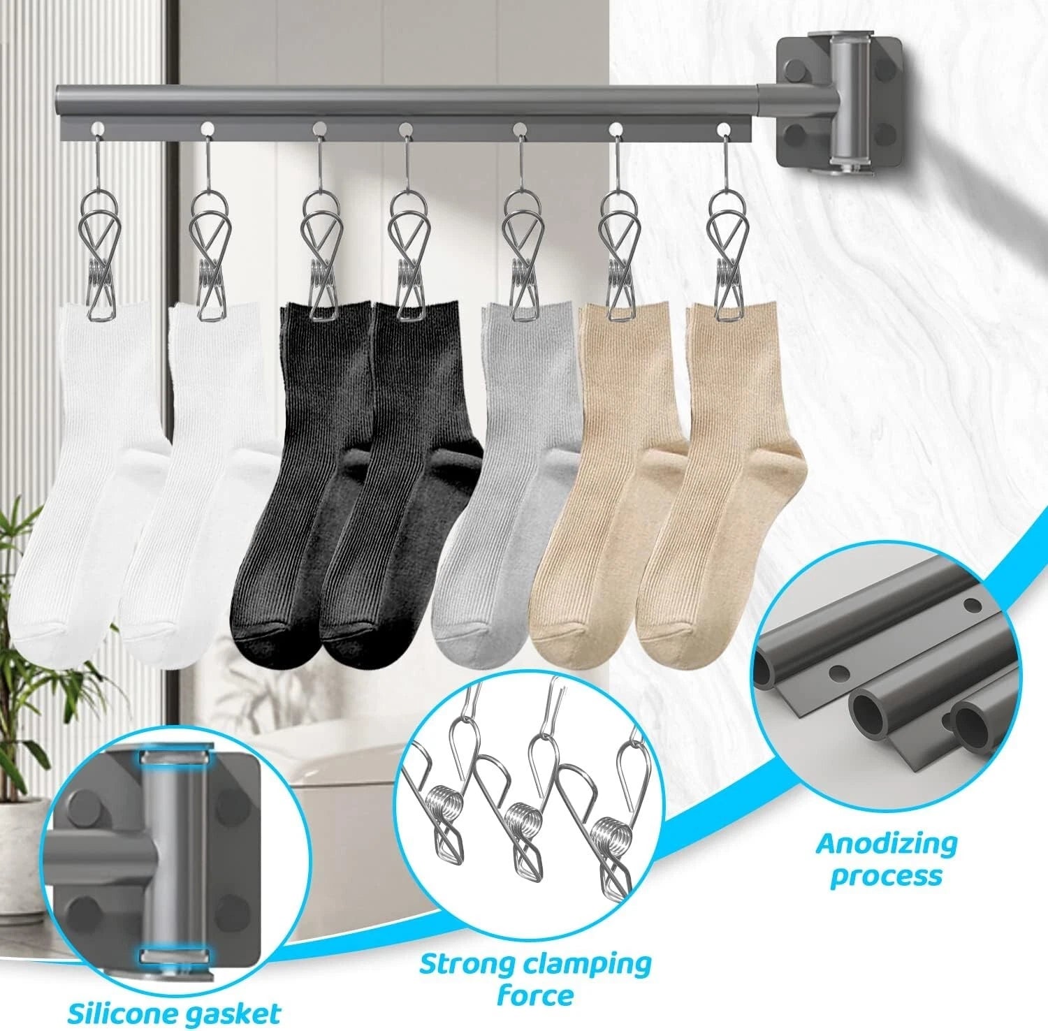 Strong metal laundry rack installed on wall