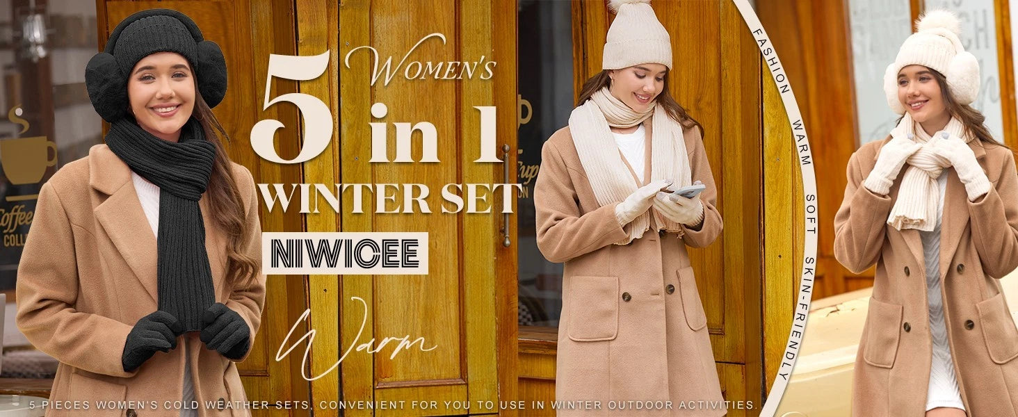 Thick knit hat and scarf for warm outfit