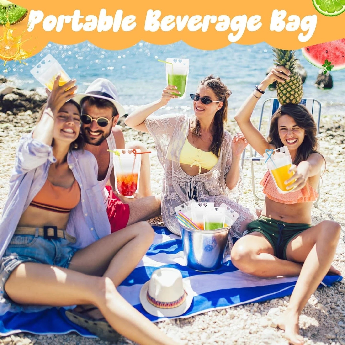 Transparent juice bag with straw close-up detail view