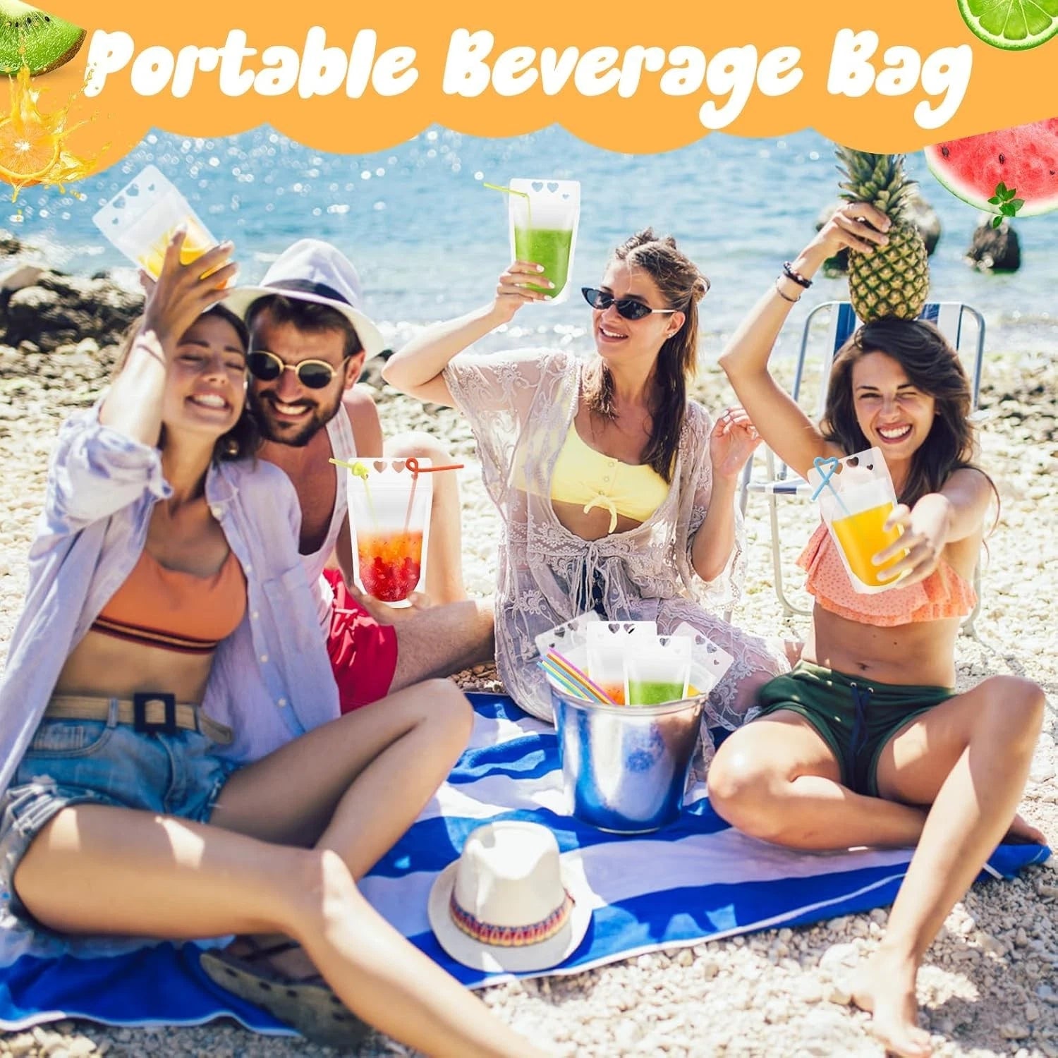 Transparent juice bag with straw close-up detail view
