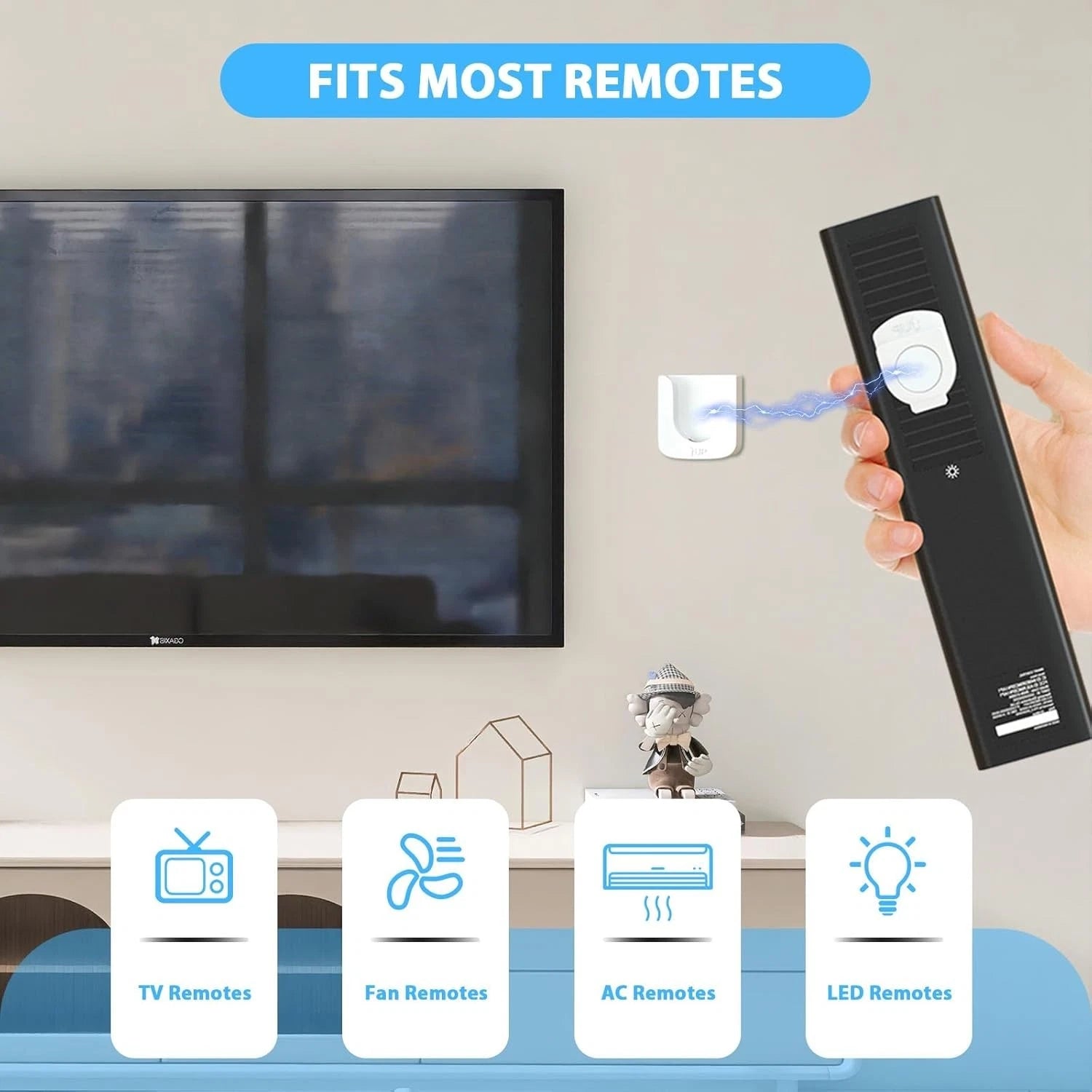 Smart remote organiser holding TV remote on wall surface