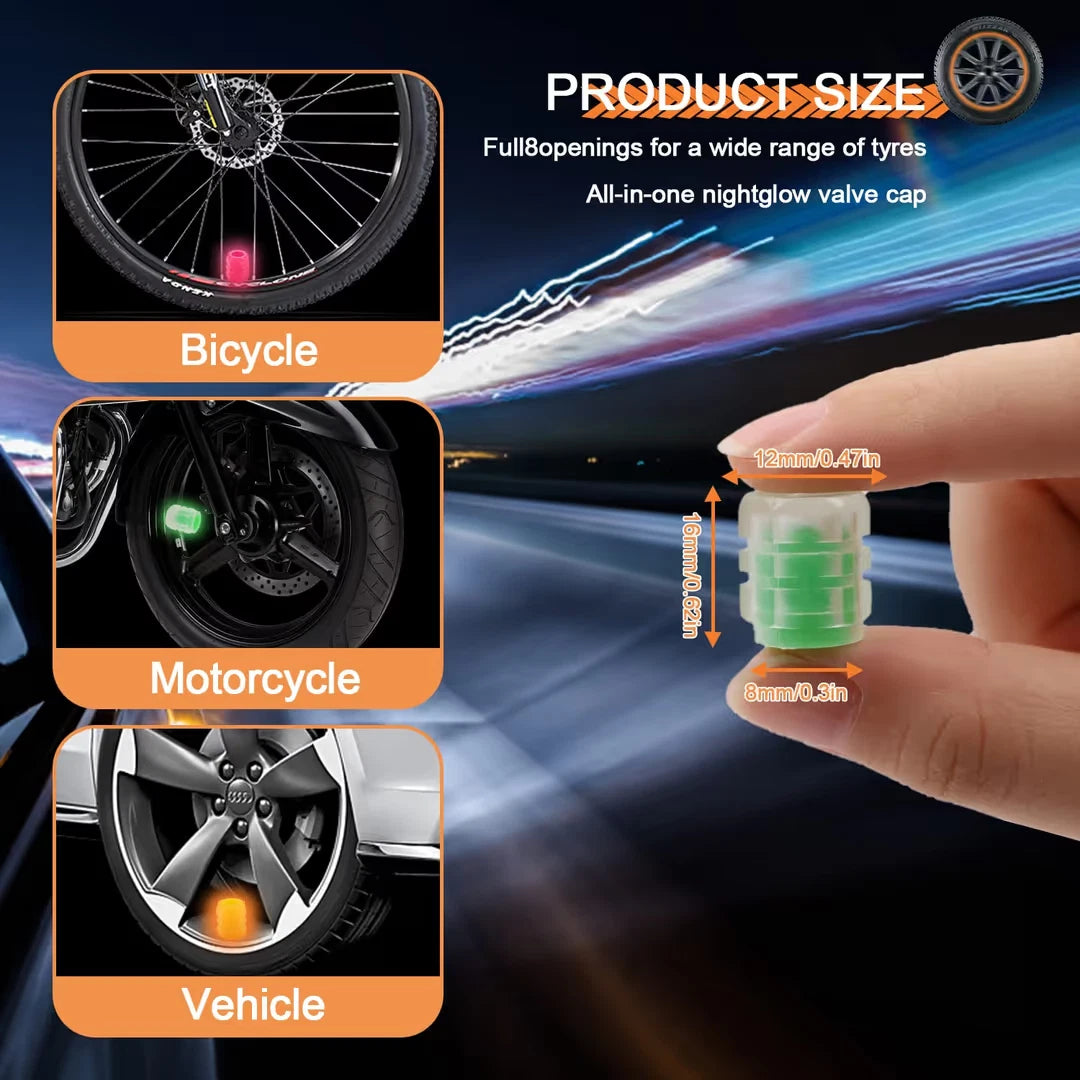 Valve caps installed on motorcycle wheel glowing in dark