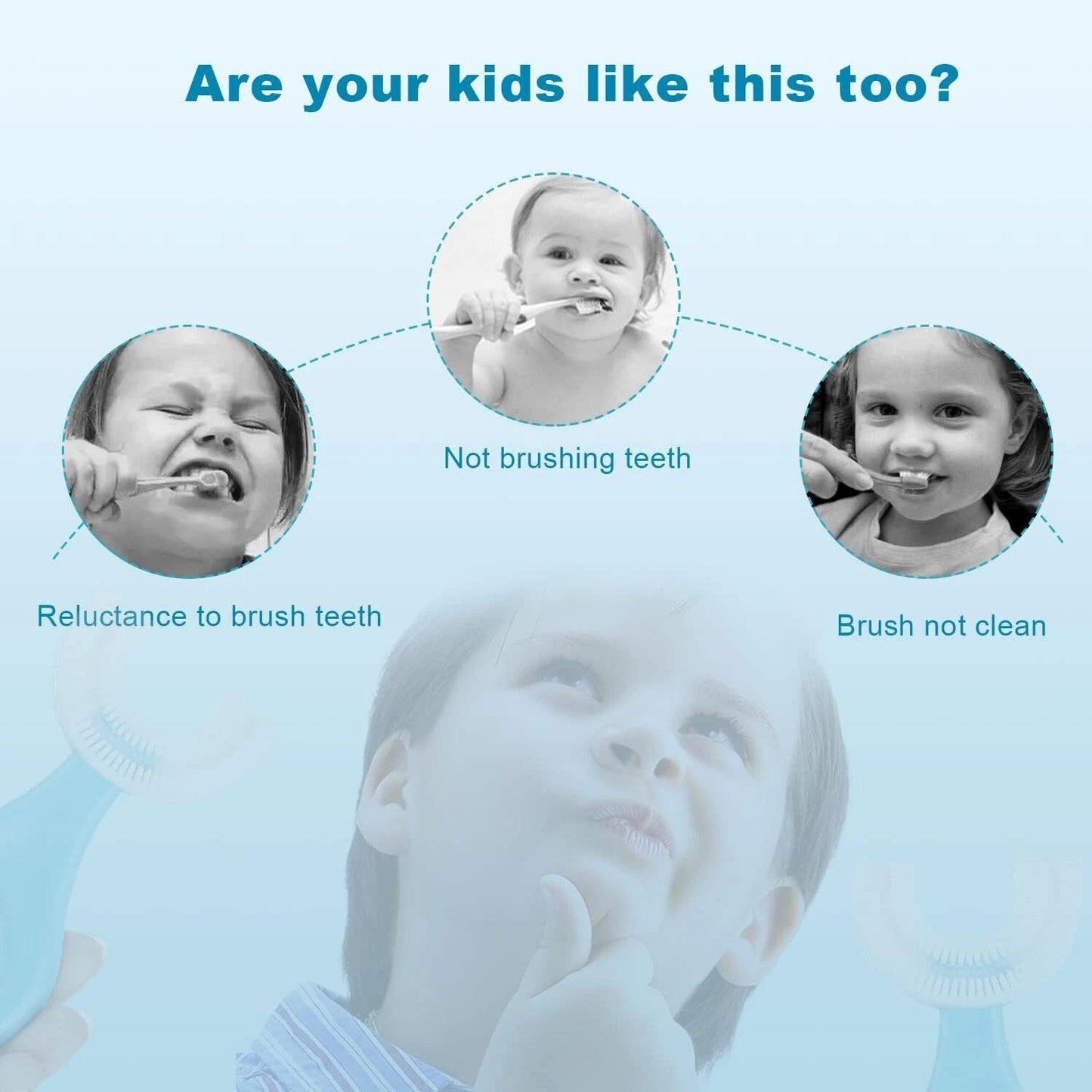 Close-up of U-shaped kids toothbrush showing soft silicone bristles for safe brushing