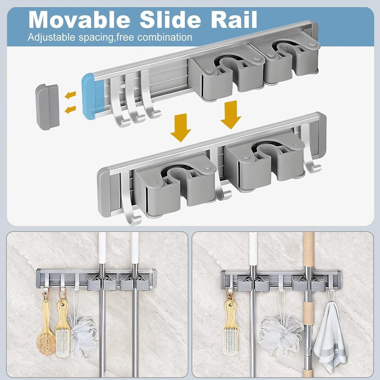 Wall mounted broom and mop storage rack in home