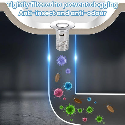 Wash basin pop up drain stopper installed in bathroom sink