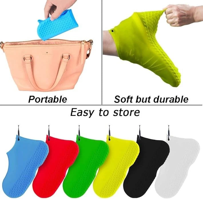 Waterproof silicone overshoes protecting shoes during rainy walking conditions