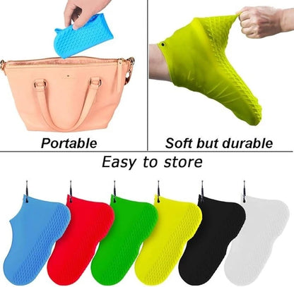 Waterproof silicone overshoes protecting shoes during rainy walking conditions