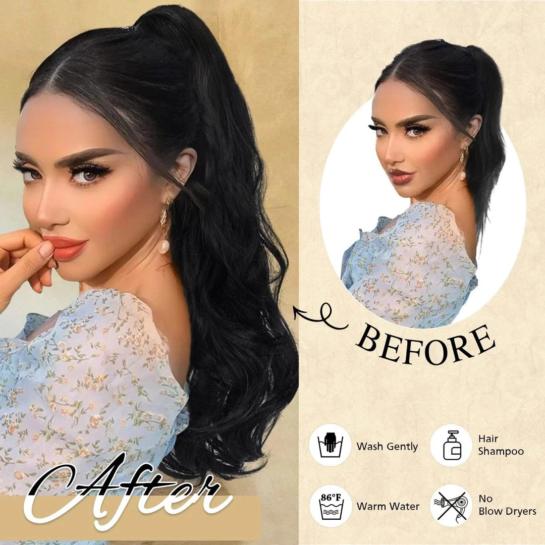 Wavy ponytail hair extension with drawstring fit