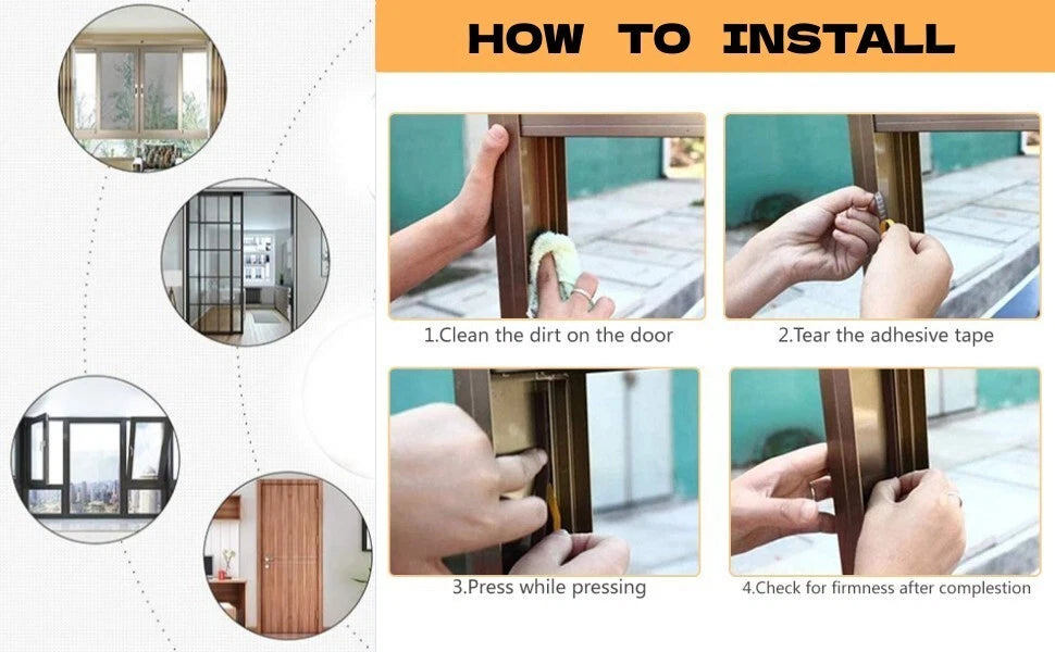 Weather strip tape used on different surfaces like wood and metal