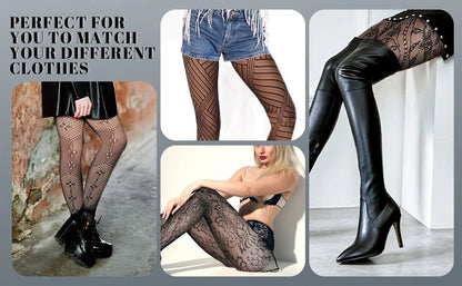Women wearing sheer patterned tights styled for party fashion outfit